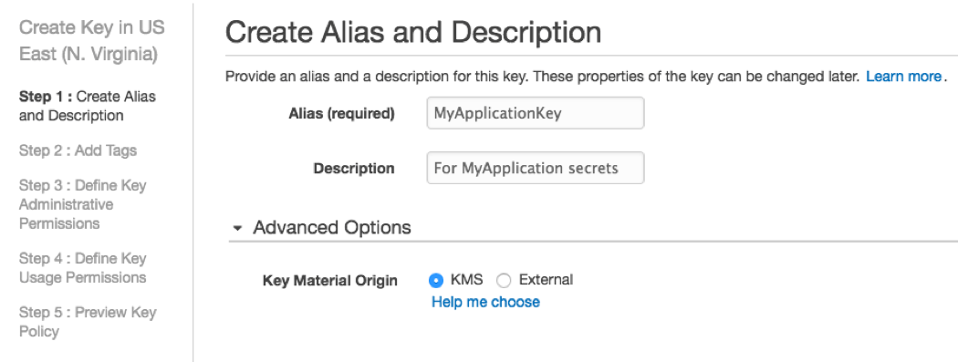 Create KMS key alais